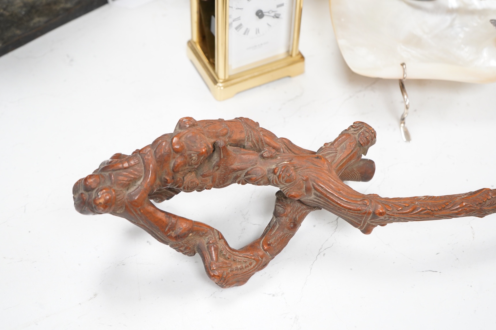A European carved rootwood walking stick, 93cm in length